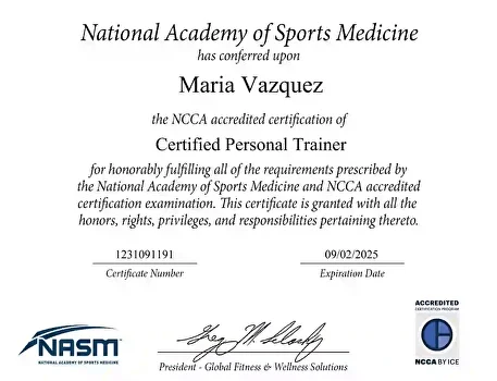 Maria Vazquez's NASM Certified Personal Trainer certificate
