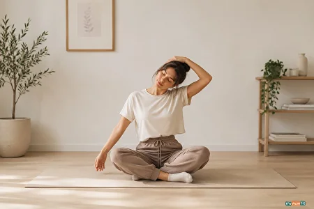 Woman doing a seated neck stretch on a mat