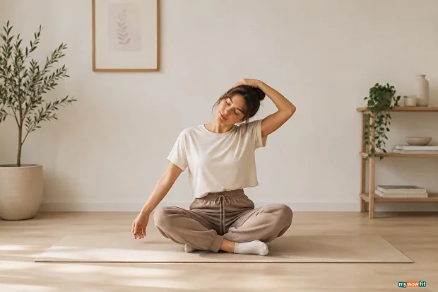 Woman doing a seated neck stretch on a mat
