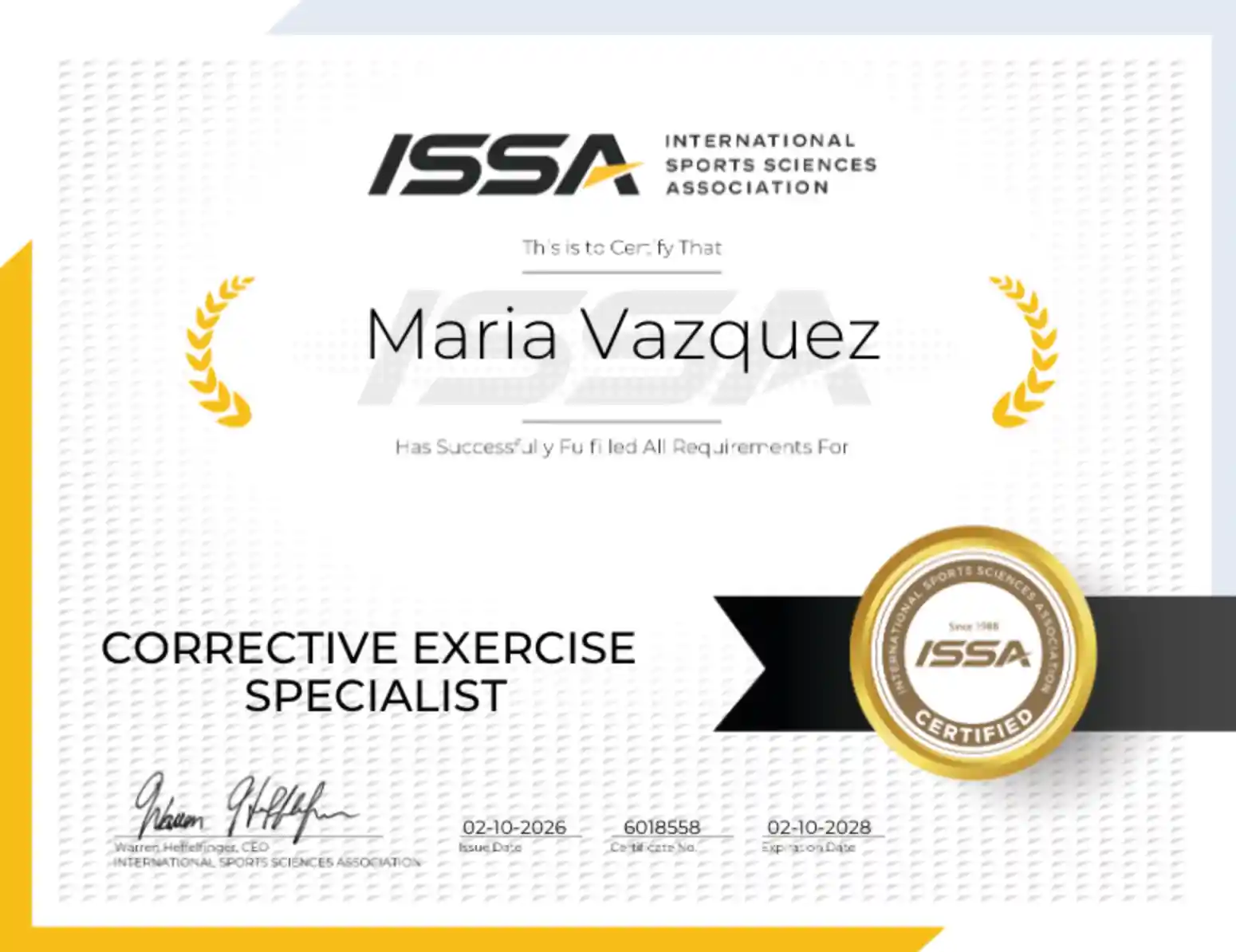 Maria Vazquez's ISSA Corrective Exercise Specialist certificate