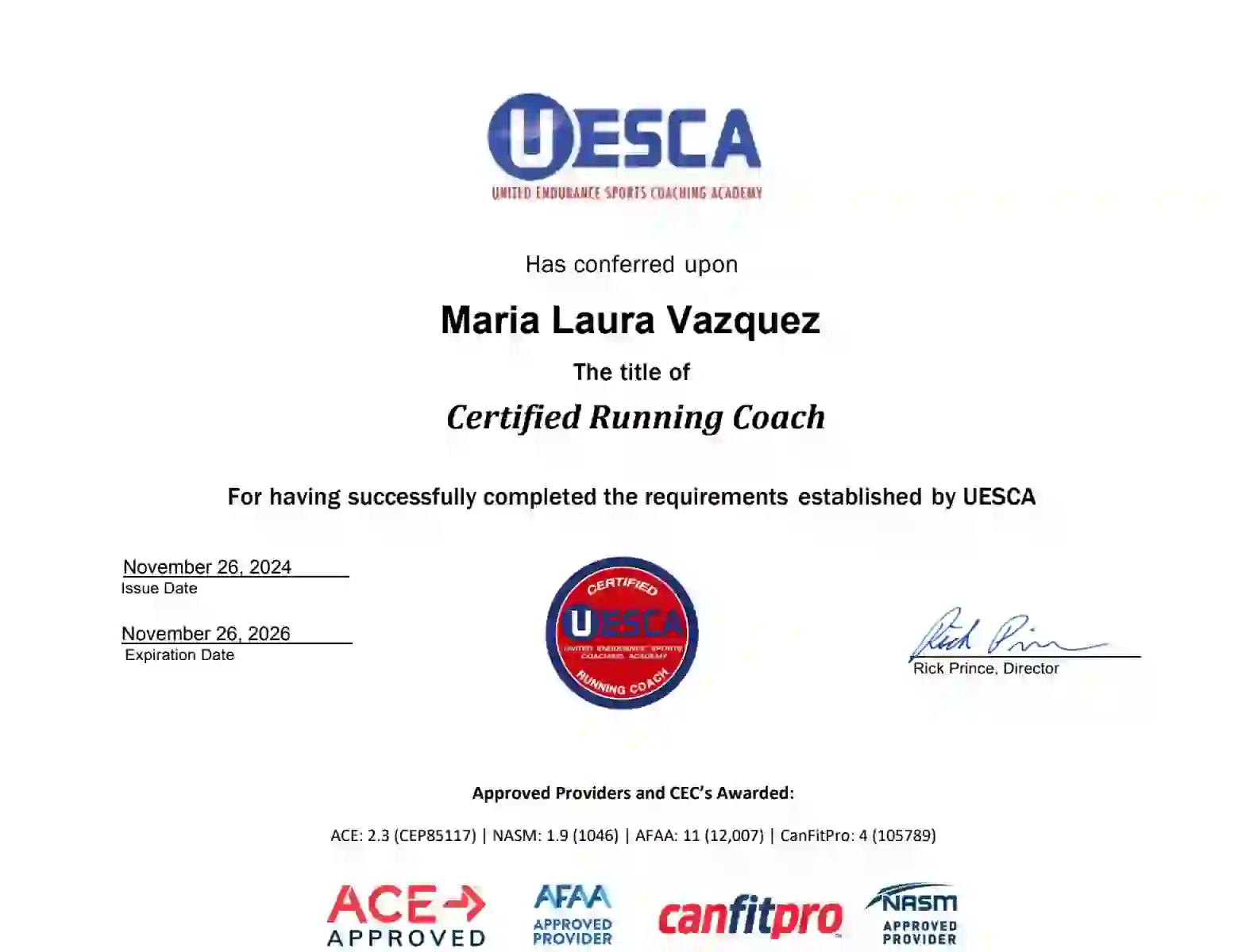Maria Vazquez's UESCA Certified Running Coach certificate
