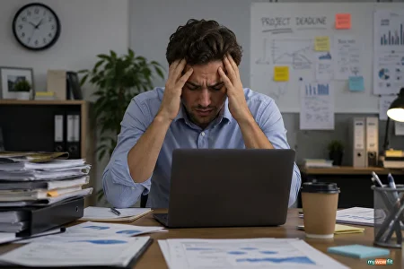 Tired man at a desk holding his head in his hands