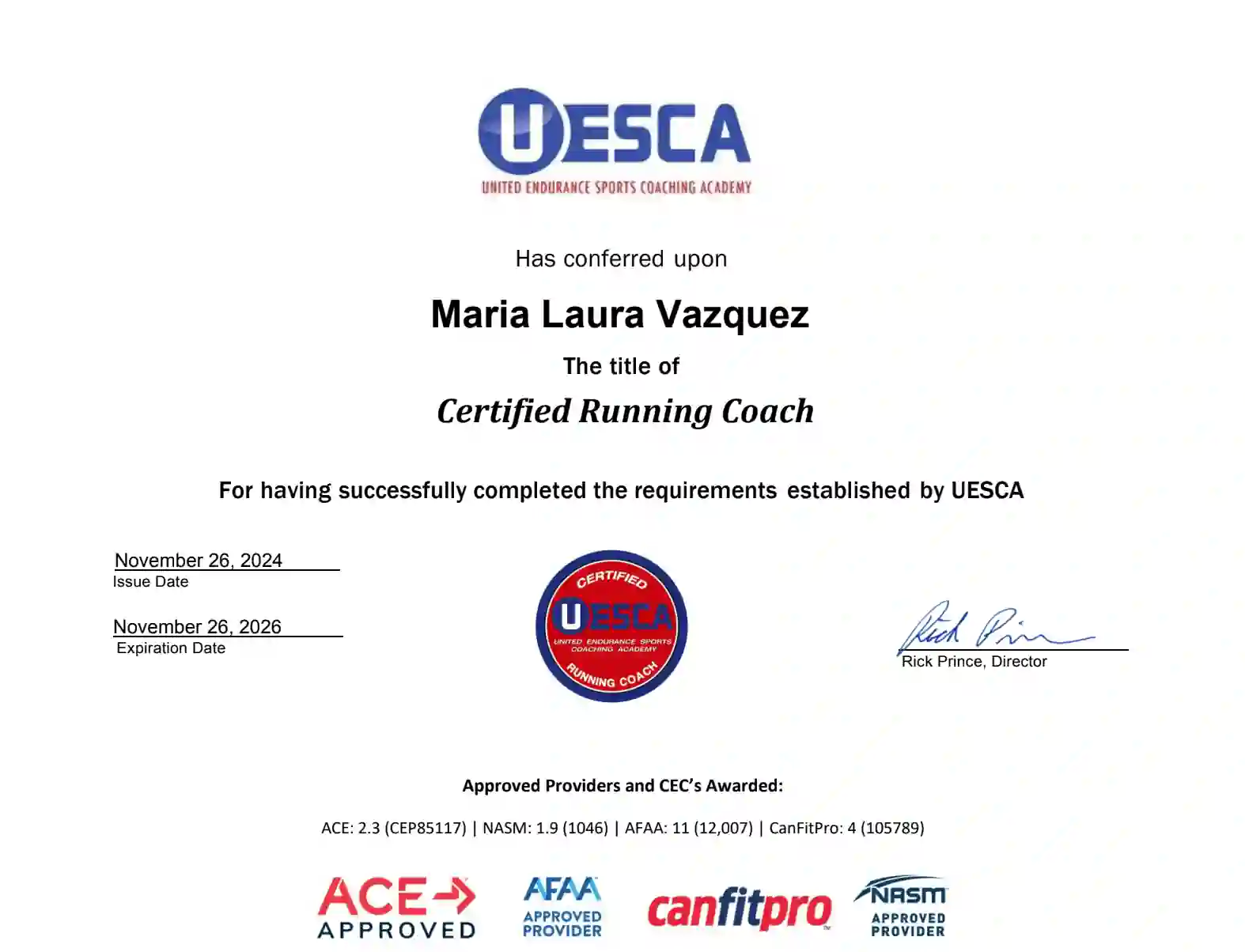 Maria Vazquez's UESCA Certified Running Coach certificate
