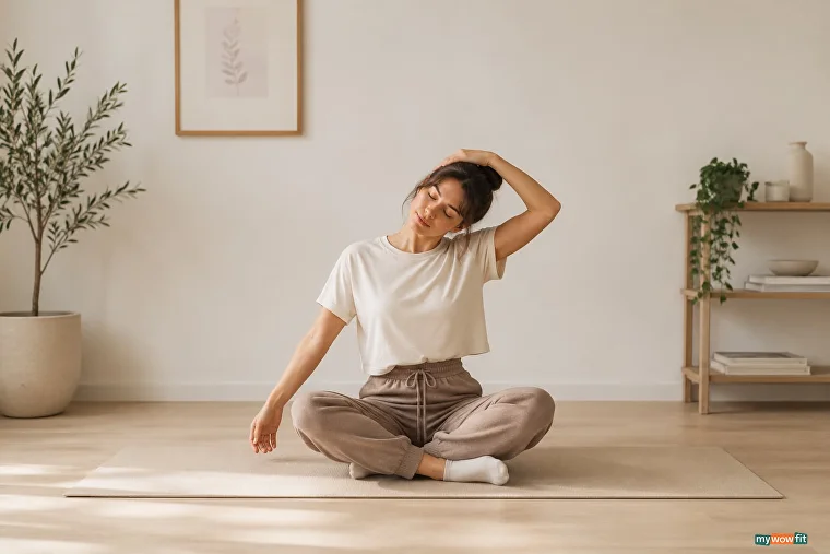 Woman doing a seated neck stretch on a mat