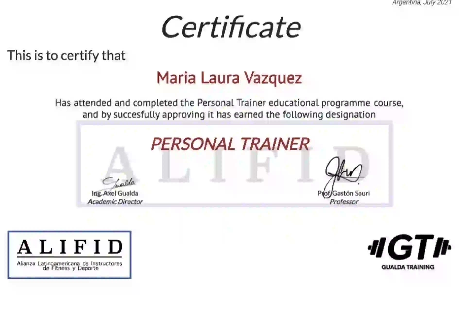 Maria Vazquez's ALIFID Personal Trainer certificate