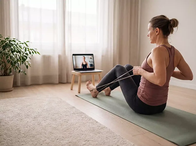 Woman doing a seated resistance band row at home during an online session