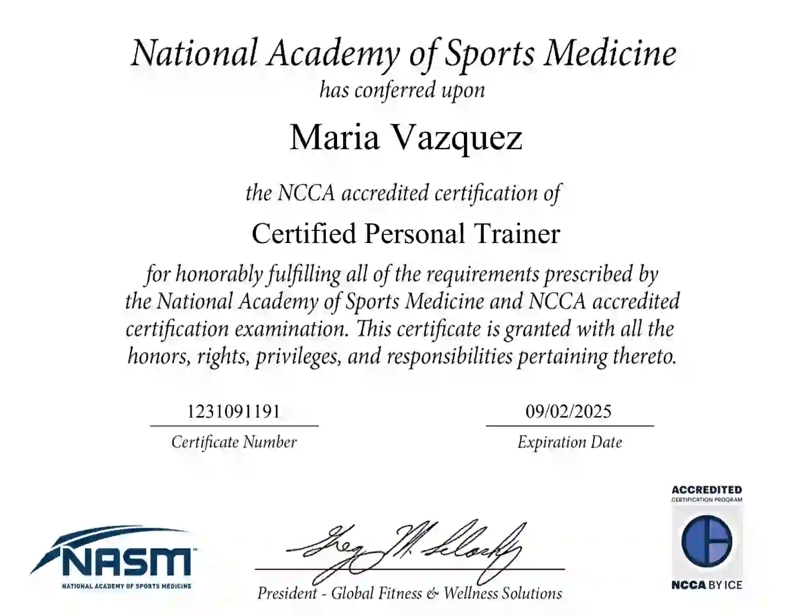 Maria Vazquez's NASM Certified Personal Trainer certificate
