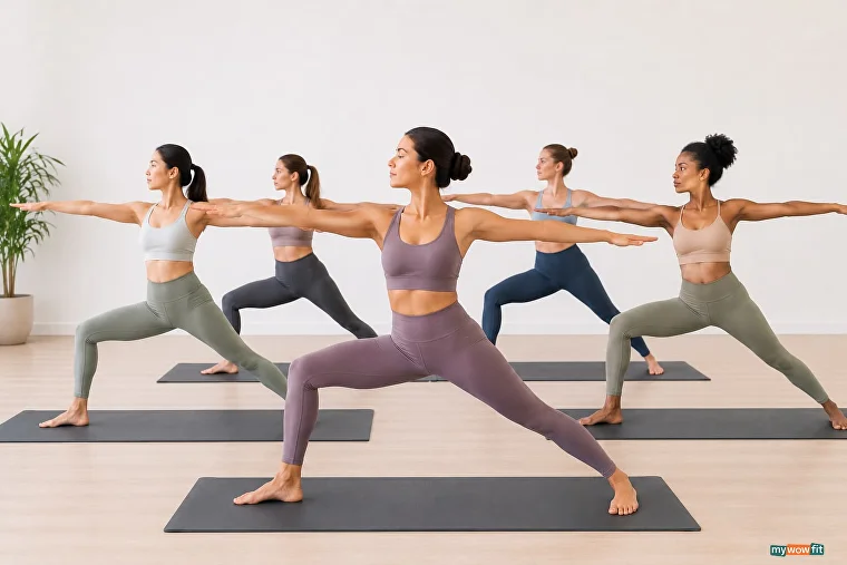 Group of women in a warrior II yoga pose