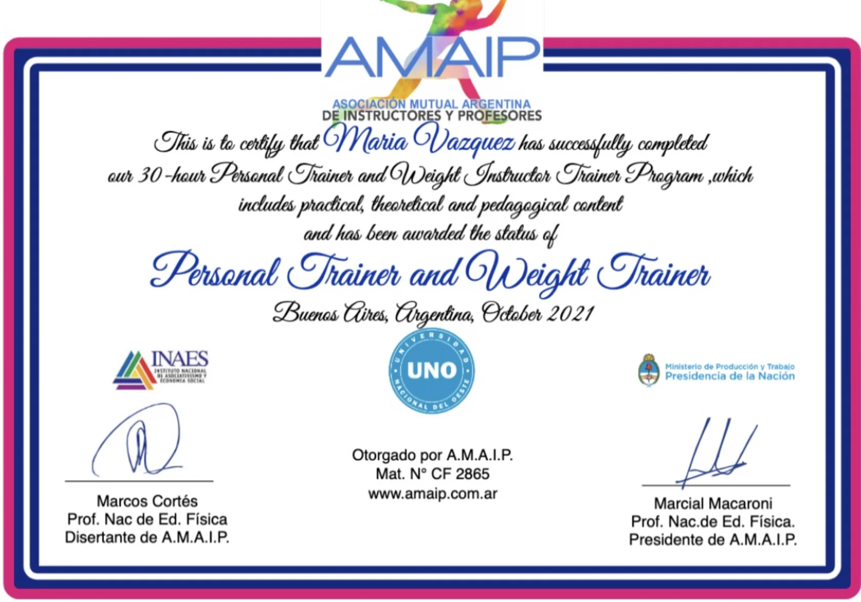 Maria Vazquez's AMAIP Personal Trainer and Weight Trainer certificate