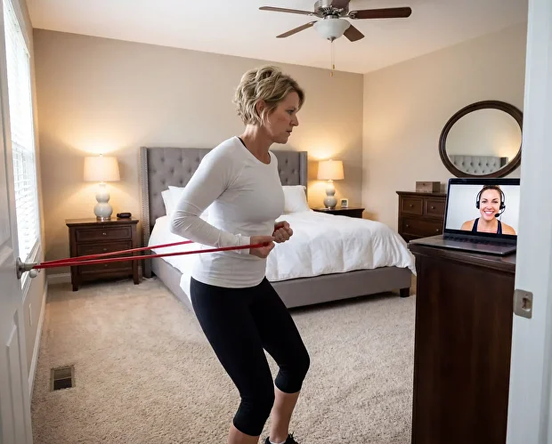 Woman doing a resistance band workout at home during an online session