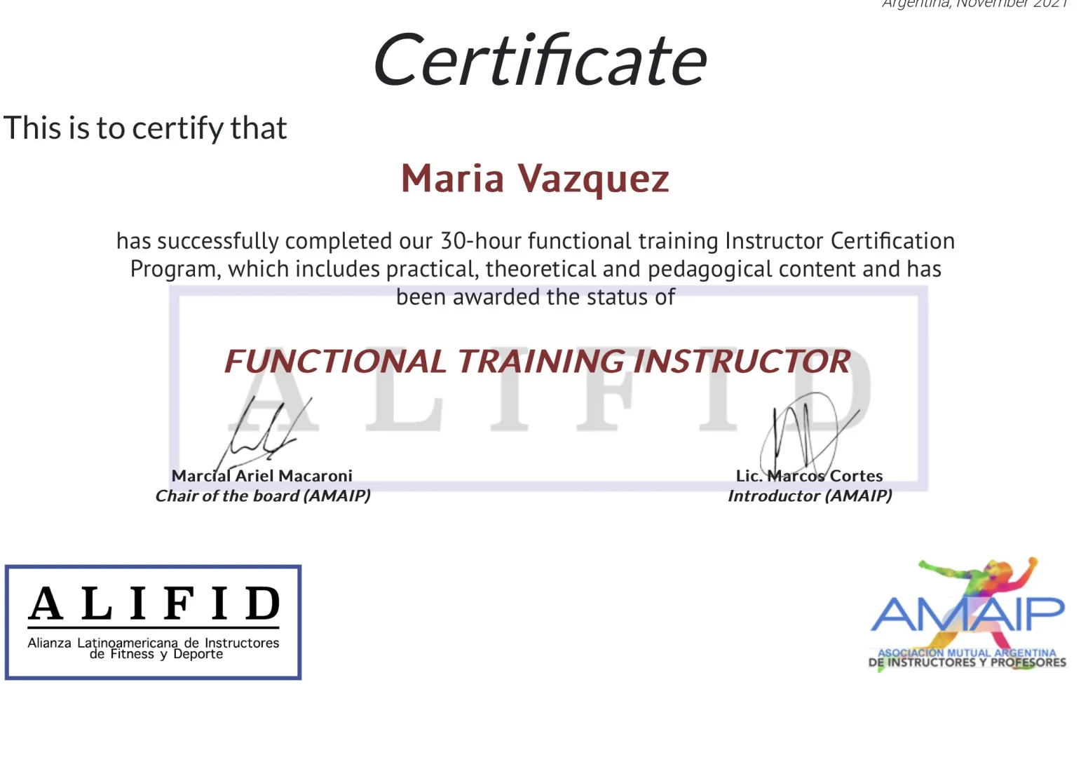 Maria Vazquez's ALIFID Functional Training Instructor certificate