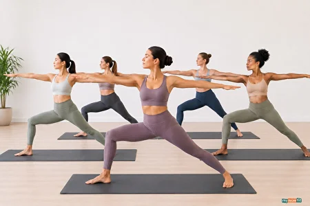 Group of women in a warrior II yoga pose