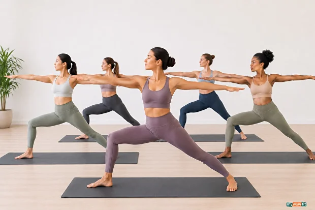 Group of women in a warrior II yoga pose
