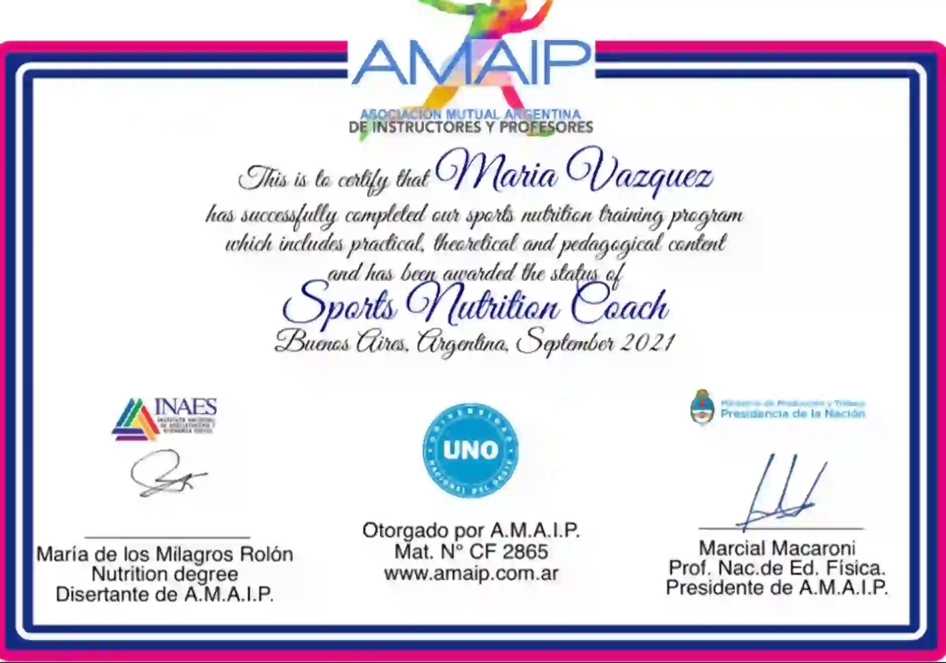 Maria Vazquez's AMAIP Sports Nutrition Coach certificate
